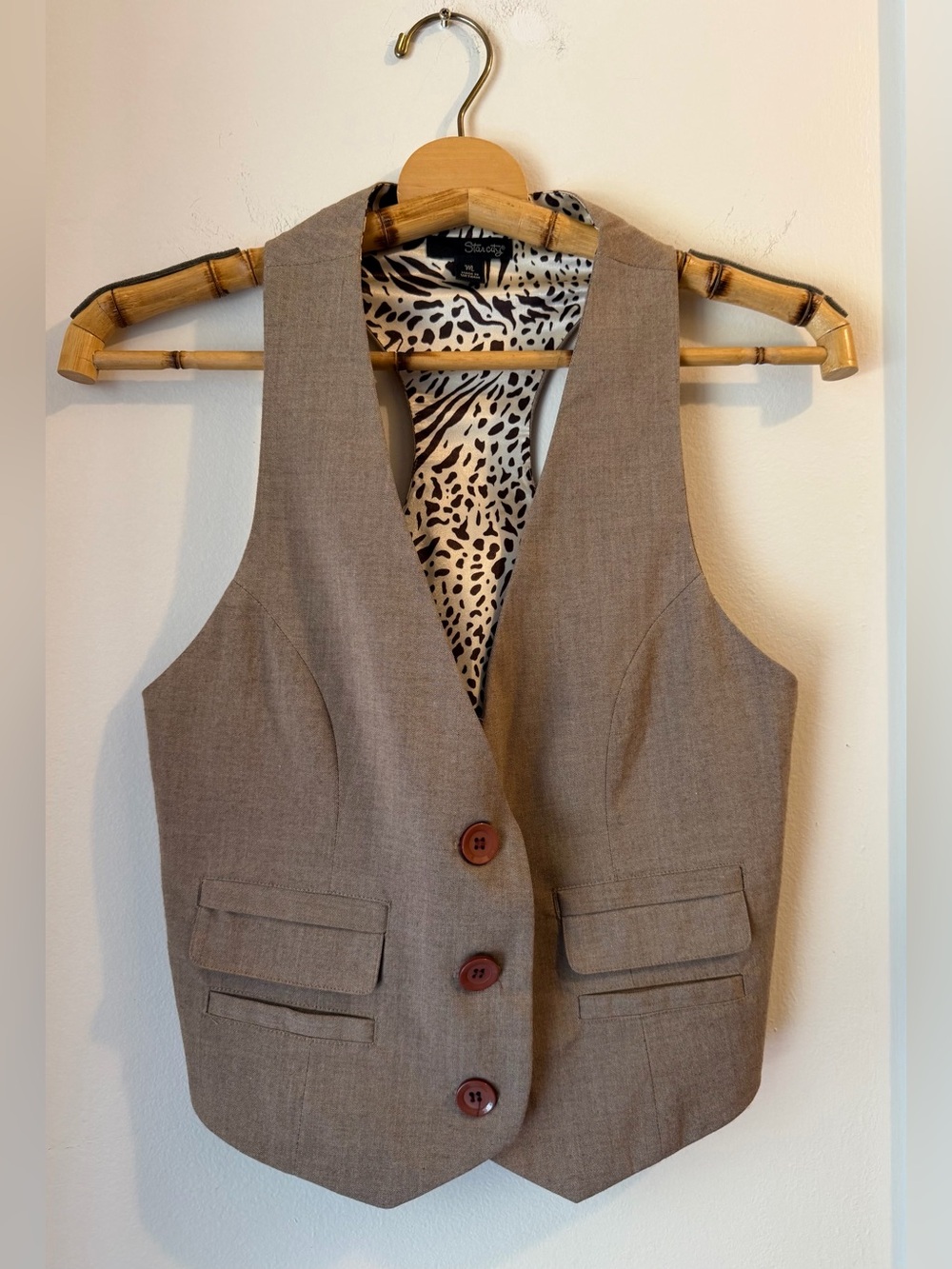 Star City Taupe Brown Button Front Womens Vest with Animal Print Lining